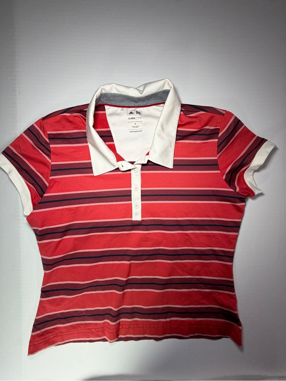 adidas Red Striped Button-Down Polo Shirt with White Collar